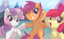 Size: 1280x782 | Tagged: safe, artist:wicklesmack, apple bloom, scootaloo, sweetie belle, earth pony, pegasus, pony, unicorn, g4, adorabloom, bipedal, blank flank, bow, cute, cutealoo, cutie mark crusaders, diasweetes, female, filly, gritted teeth, hair bow, one eye closed, open mouth, open smile, rearing, smiling, spread wings, teeth, wings, wink