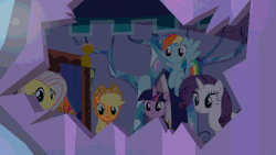 Size: 640x360 | Tagged: safe, screencap, applejack, fluttershy, rainbow dash, rarity, spike, twilight sparkle, alicorn, pony, g4, the one where pinkie pie knows, animated, female, flying, frown, mare, subtitles, talking, twilight sparkle (alicorn), worried
