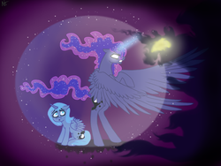 Size: 960x720 | Tagged: safe, artist:kot6, princess luna, alicorn, pony, g4, :o, barrier, filly, glowing eyes, glowing horn, horn, magic, monster, protecting, rearing, scared, self ponidox, sitting, spread wings, wide eyes, woona