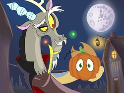 Size: 2000x1500 | Tagged: safe, artist:mlp-fim-22, applejack, discord, draconequus, g4, applejack-o-lantern, cape, clothes, discord being discord, halloween, holiday, i have no mouth and i must scream, inanimate tf, jack-o-lantern, male, mare in the moon, moon, nightmare night, pumpkin, pumpkinjack, transformation
