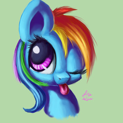 Size: 1500x1500 | Tagged: safe, artist:jiamian, rainbow dash, pegasus, pony, g4, :p, cute, female, one eye closed, portrait, signature, simple background, smiling, solo, tongue out, wink