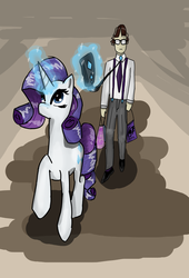 Size: 2896x4265 | Tagged: safe, artist:jonathan the awesome, derpibooru exclusive, rarity, oc, oc:jona clay, human, g4, horn, horned humanization, humanized, leash, magic, rarara, servant, shopping, telekinesis