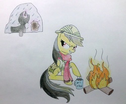 Size: 1024x847 | Tagged: safe, artist:gogreengirl-ggg, daring do, g4, clothes, fire, hot chocolate, log, mug, rain, scarf