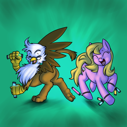 Size: 1280x1280 | Tagged: safe, artist:nappyrat, oc, oc only, earth pony, griffon, pony, 2013, dancing, duo, eyes closed, glasses, glowstick