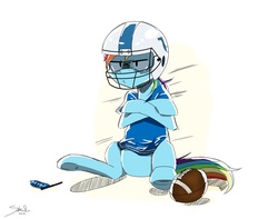Size: 1280x1009 | Tagged: safe, artist:animestrife009, rainbow dash, g4, american football, ball, clothes, female, flag, football helmet, helmet, indianapolis colts, jersey, nfl, sitting, solo, waiting