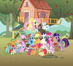 Size: 3840x3450 | Tagged: safe, artist:capt-nemo, apple bloom, applejack, button mash, cheerilee, cotton cloudy, diamond tiara, fluttershy, pinkie pie, pipsqueak, rainbow dash, rarity, scootaloo, silver spoon, snails, snips, spike, sweetie belle, twilight sparkle, twist, alicorn, earth pony, pegasus, pony, unicorn, crusaders of the lost mark, g4, season 5, clubhouse, crusaders clubhouse, cutie mark, cutie mark crusaders, female, filly, group photo, high res, liquid button, mane seven, mane six, mare, the cmc's cutie marks, twilight sparkle (alicorn), vector