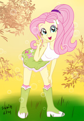 Size: 1158x1662 | Tagged: safe, artist:sumin6301, fluttershy, equestria girls, g4, alternate hairstyle, boots, bubble, clothes, female, grass, looking at you, open mouth, palindrome get, pencil, ponytail, signature, skirt, socks, solo, tank top