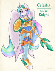 Size: 2550x3300 | Tagged: safe, artist:ambris, princess celestia, alicorn, anthro, unguligrade anthro, adventuring is magic, g4, armor, clothes, colored pupils, curved horn, fantasy class, female, high res, horn, knight, shield, smiling, solo, spear, warrior, warrior celestia, weapon