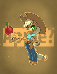 Size: 1060x1376 | Tagged: safe, artist:azzy-cola, applejack, earth pony, anthro, g4, apple, belly button, clothes, female, midriff, pants, shirt, short shirt, solo, younger