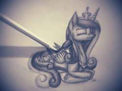 Size: 1024x768 | Tagged: safe, artist:lupiarts, princess cadance, g4, brushie, eyes closed, female, grayscale, monochrome, prone, solo, traditional art