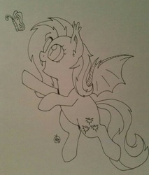 Size: 1092x1280 | Tagged: safe, artist:notenoughapples, fluttershy, bat pony, butterfly, pony, g4, female, flutterbat, flying, monochrome, smiling, solo, traditional art