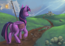 Size: 1400x1000 | Tagged: safe, artist:adidea, twilight sparkle, alicorn, pony, g4, banner, butt, crepuscular rays, female, fortress, mare, mud, plot, saddle bag, scenery, solo, twilight sparkle (alicorn), underhoof