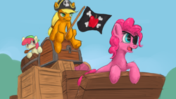 Size: 1920x1080 | Tagged: safe, artist:adidea, apple bloom, applejack, pinkie pie, earth pony, pony, g4, pinkie apple pie, apples to the core, bandana, bicorne, eyepatch, female, filly, flag, foal, hat, jolly roger, mare, mouth hold, pirate, pirate hat, trio, wagon