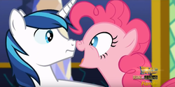 Size: 765x384 | Tagged: safe, screencap, pinkie pie, shining armor, earth pony, pony, unicorn, g4, the one where pinkie pie knows, duo, face to face, nose to nose, nose wrinkle