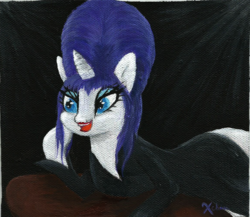 Size: 1155x1004 | Tagged: safe, artist:xchan, derpibooru exclusive, rarity, pony, unicorn, g4, acrylic painting, black dress, canvas, clothes, costume, crossover, dress, elvira, elviraty, female, halloween, lying down, open mouth, painting, solo, spotlight, table, traditional art