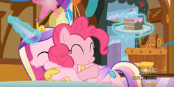 Size: 767x384 | Tagged: safe, screencap, pinkie pie, princess cadance, g4, the one where pinkie pie knows, cake, hug