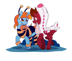 Size: 3500x3000 | Tagged: safe, artist:raph13th, oc, oc only, oc:mach, oc:swift note, bee, pegasus, pony, unicorn, fallout equestria, antennae, clothes, costume, duo, halloween, high res, mouth hold, nightmare night, plane, ponytail, pumpkin bucket, simple background, transparent background, trick or treat, unshorn fetlocks