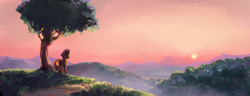 Size: 3000x1156 | Tagged: safe, artist:hunternif, applejack, earth pony, pony, g4, female, mountain, scenery, solo, speedpaint, sun, sunrise, sweet apple acres, tree