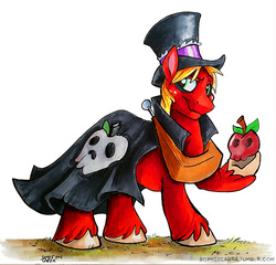 Size: 850x815 | Tagged: safe, artist:spainfischer, big macintosh, earth pony, pony, g4, apple, cape, clothes, costume, hat, mac the ripper, male, nightmare night, nightmare night costume, raised hoof, signature, solo, stallion