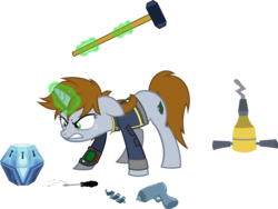 Size: 4410x3325 | Tagged: safe, artist:outlawedtofu, oc, oc only, oc:littlepip, pony, unicorn, fallout equestria, g4, princess twilight sparkle (episode), chest of harmony, clothes, fanfic, fanfic art, female, freckles, glowing horn, hammer, hooves, horn, jumpsuit, levitation, magic, mare, pipboy, pipbuck, simple background, solo, teeth, telekinesis, transparent background, vault suit, vector