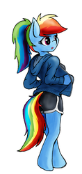 Size: 903x1920 | Tagged: safe, artist:mindofnoodles, rainbow dash, anthro, unguligrade anthro, g4, arm hooves, clothes, female, hoodie, ponytail, shorts, solo, sweater