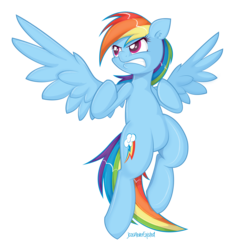 Size: 5411x5744 | Tagged: safe, artist:jcosneverexisted, rainbow dash, pegasus, pony, g4, absurd resolution, angry, female, fighting stance, flying, redraw, solo, spread wings
