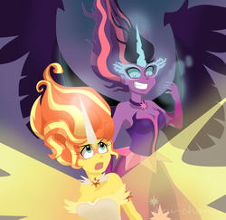 Size: 1865x1815 | Tagged: safe, artist:yk-dgb, sci-twi, sunset shimmer, twilight sparkle, equestria girls, g4, my little pony equestria girls: friendship games, daydream shimmer, duo, grin, midnight sparkle, open mouth