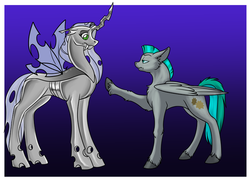 Size: 700x509 | Tagged: safe, artist:foxenawolf, oc, oc only, oc:free agent, oc:whirring cogs, changeling, changeling queen, pegasus, pony, fanfic:a different perspective, changeling queen oc, fanfic art, female, green eyes, raised hoof, unshorn fetlocks, white changeling
