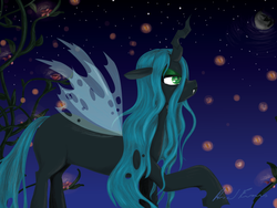 Size: 864x648 | Tagged: safe, artist:moonkitty, queen chrysalis, changeling, changeling queen, firefly (insect), g4, female, mare in the moon, moon, solo, vine