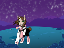 Size: 1024x767 | Tagged: safe, artist:moonkitty, oc, oc only, oc:ryleigh, pony, unicorn, clothes, collar, converse, dress, night, shoes, solo