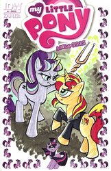 Size: 1247x1920 | Tagged: safe, artist:thom zahler, idw, official comic, starlight glimmer, sunset shimmer, twilight sparkle, pony, unicorn, equestria girls, g4, micro-series #1, my little pony micro-series, cardboard twilight, clothes, comic cover, commission, cover, cover art, equal cutie mark, faic, female, jacket, leather jacket, mare, s5 starlight, staff, staff of sameness, stock vector, traditional art, twilight's counterparts, variant cover, versus
