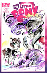 Size: 1246x1920 | Tagged: safe, artist:sara richard, idw, king sombra, oc, oc:ryleigh, pony, umbrum, unicorn, g4, clothes, collar, comic cover, commission, converse, dress, shoes, slave, temptation, traditional art