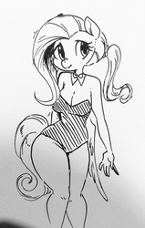 Size: 812x1280 | Tagged: safe, artist:glacierclear, fluttershy, anthro, g4, alternate hairstyle, cleavage, female, looking at you, monochrome, ponytail, sketch, solo