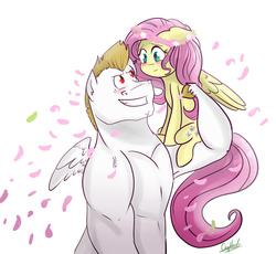 Size: 1024x941 | Tagged: safe, artist:craftedfun3, bulk biceps, fluttershy, pegasus, pony, g4, female, flexing, floral head wreath, male, ship:flutterbulk, shipping, straight