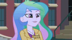Size: 846x474 | Tagged: safe, edit, edited screencap, screencap, dean cadance, princess cadance, princess celestia, princess luna, principal celestia, vice principal luna, oc, equestria girls, g4, my little pony equestria girls: friendship games, alicorn oc, animated, blue text, canterlot high, caption, clothes, comments locked down, condescending princesses, cutie mark, cutie mark accessory, cutie mark on clothes, lidded eyes, love, meme, night, open mouth, open smile, out of context, pink text, raised eyebrow, sarcasm, school, smiling, smirk, smuglestia, smugluna, talking, text, trio, yellow text