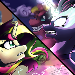 Size: 1000x1000 | Tagged: safe, artist:jessycrackers, sci-twi, sunset shimmer, twilight sparkle, pony, equestria girls, g4, my little pony equestria girls: friendship games, dark magic, equestria girls ponified, horn, looking at each other, magic, midnight sparkle, midnightsatan, ponified, signature, split screen, sunset satan, versus