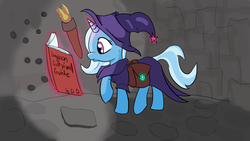 Size: 2560x1440 | Tagged: safe, artist:tetrahydra, trixie, pony, unicorn, g4, book, clothes, female, gem, imminent death, magic, mare, reading, saddle bag, solo, telekinesis, torch, walking