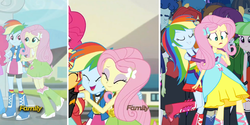 Size: 1200x600 | Tagged: safe, screencap, fluttershy, rainbow dash, equestria girls, g4, my little pony equestria girls: friendship games, my little pony equestria girls: rainbow rocks, boots, discovery family logo, fall formal outfits, female, high heel boots, hug, medal, rainbow, shipping fuel, smiling