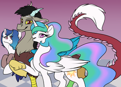 Size: 1400x1000 | Tagged: safe, artist:rainbowdrool, discord, princess celestia, oc, oc:enticer, hybrid, tumblr:from dust to mist, g4, alternate hairstyle, bedroom eyes, female, from dust to mist, frown, gradient background, holding hooves, interspecies offspring, male, missing accessory, offspring, open mouth, parent:discord, parent:princess celestia, parents:dislestia, raised hoof, ship:dislestia, shipping, smiling, straight