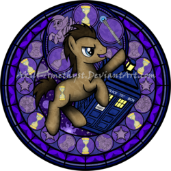 Size: 3000x3000 | Tagged: safe, artist:akili-amethyst, derpy hooves, doctor whooves, time turner, earth pony, pony, g4, crossover, disney, dive to the heart, doctor who, high res, kingdom hearts, male, simple background, sonic screwdriver, stained glass, stallion, transparent background, vector, watermark