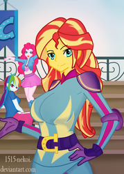 Size: 500x700 | Tagged: safe, artist:1515-nekoi, pinkie pie, rainbow dash, sunset shimmer, equestria girls, g4, my little pony equestria girls: friendship games, breasts, busty sunset shimmer, canterlot high, clothes, female, flag, gloves, looking at you, open mouth, school spirit, signature, skirt, solo focus, wondercolts