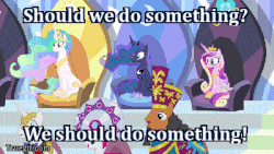 Size: 400x225 | Tagged: safe, edit, edited screencap, screencap, prince blueblood, princess cadance, princess celestia, princess luna, g4, animated, atop the fourth wall, channel awesome, countdown, countdown to final crisis, dc comics, image macro, linkara, meme, open mouth, sitting, smiling, the monitors, thinking, wide eyes
