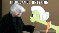 Size: 498x277 | Tagged: safe, granny smith, earth pony, human, pony, g4, atop the fourth wall, channel awesome, fat grandma, female, highlander, image macro, irl, irl human, linkara, meme, photo, there can be only one