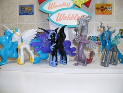 Size: 1024x768 | Tagged: safe, discord, nightmare moon, princess celestia, queen chrysalis, g4, funko, irl, photo, prototype, toy