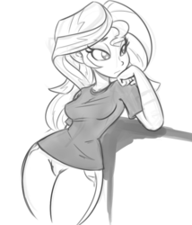 Size: 771x902 | Tagged: dead source, safe, artist:reiduran, sunset shimmer, equestria girls, g4, bored, child bearing hips, clothes, female, monochrome, sexy, shirt, solo, t-shirt, wide hips