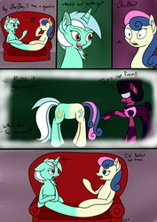 Size: 2893x4092 | Tagged: safe, artist:novaspark, bon bon, lyra heartstrings, sweetie drops, buttpony, earth pony, gem (race), gem pony, pony, unicorn, do princesses dream of magic sheep, g4, butts, comic, couch, crossover, dialogue, female, fridge logic, fusion, garnet (steven universe), gem fusion, lyrabon (fusion), mare, ponified, pushmi-pullyu, reverse pushmi-pullyu, simpsons did it, steven universe, the simpsons, what has science done