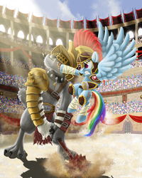 Size: 2400x3000 | Tagged: safe, artist:evil-dec0y, rainbow dash, diamond dog, g4, colosseum, fight, gladiator, high res, mace, roman, weapon