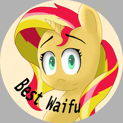 Size: 1383x1383 | Tagged: safe, artist:purpleblackkiwi, sunset shimmer, pony, unicorn, g4, best waifu, button, cute, female, solo, waifu