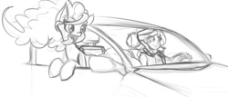 Size: 1258x537 | Tagged: dead source, safe, artist:reiduran, pinkie pie, sunset shimmer, earth pony, pony, equestria girls, g4, behaving like a dog, car, driving, human and pony, monochrome, open mouth, sketch, tongue out