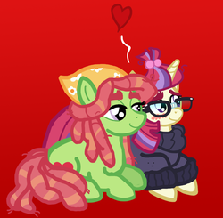 Size: 1432x1406 | Tagged: safe, artist:oneovertwo, moondancer, tree hugger, earth pony, pony, unicorn, g4, blushing, crack shipping, cute, duo, female, floating heart, heart, lesbian, lying down, prone, red background, shipping, simple background, treedancer